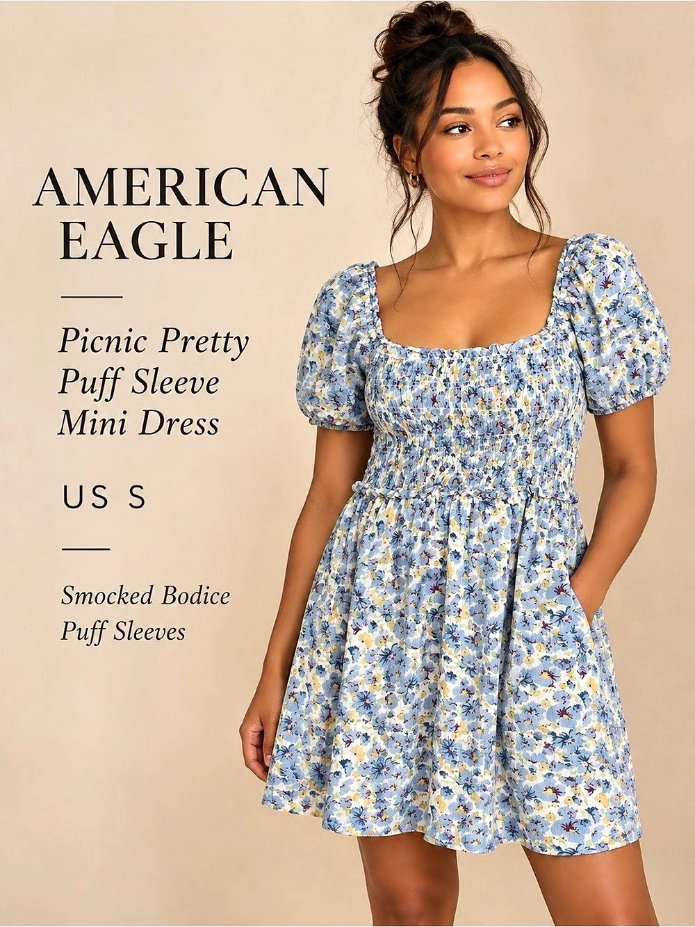American Eagle Picnic Pretty Puff Sleeve Floral Mini Dress Blue Size S